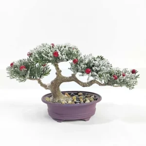 Bonzaï artificiel pin enneigé avec baies rouges pour Noël (20 cm)
