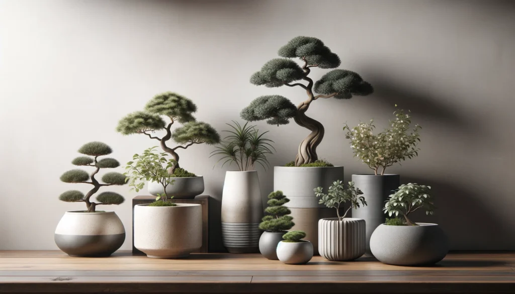 Fausses petites plantes :bonsaïs artificiels en pots en céramique et béton sur une table en bois moderne.
