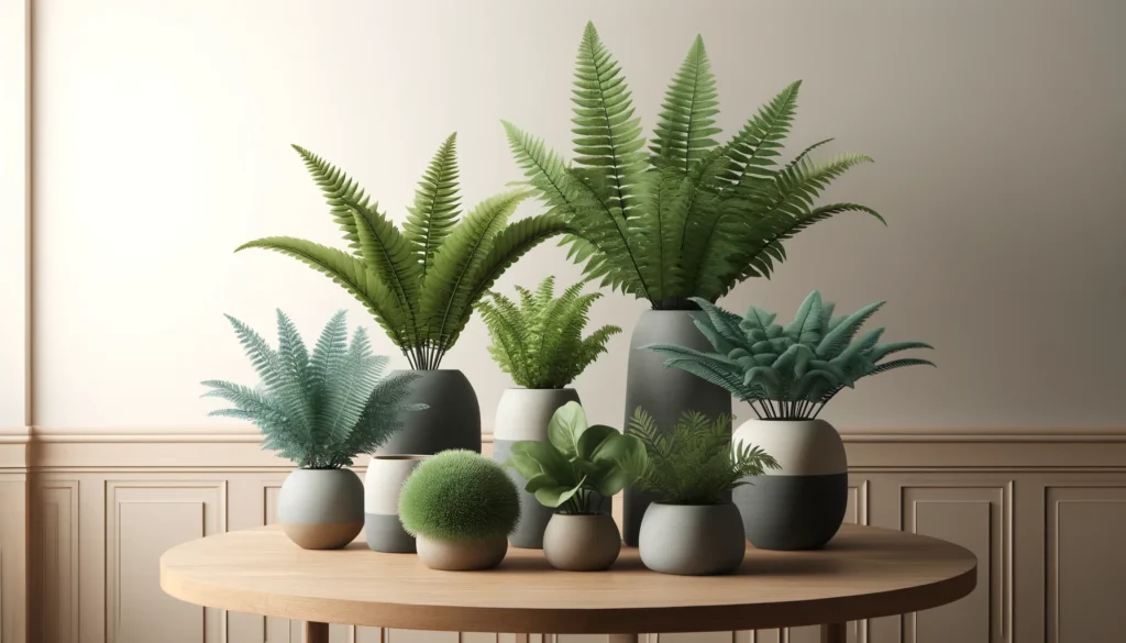 Fausses petites plantes : fougères artificielles en pots en céramique et béton sur une table en bois moderne.