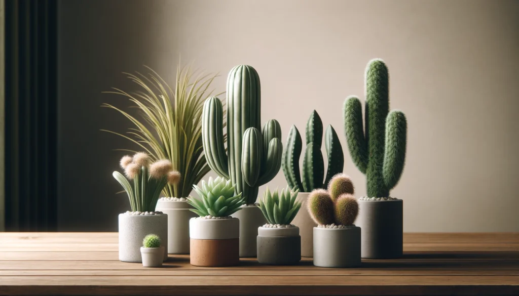 Fausses petites plantes : cactus miniatures artificiels en pots en céramique et béton sur une table en bois moderne.