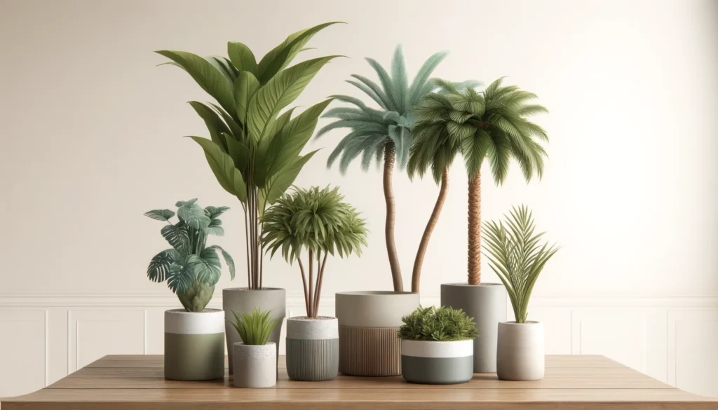 Fausses petites plantes : mini palmiers artificiels en pots en céramique et béton sur une table en bois moderne.
