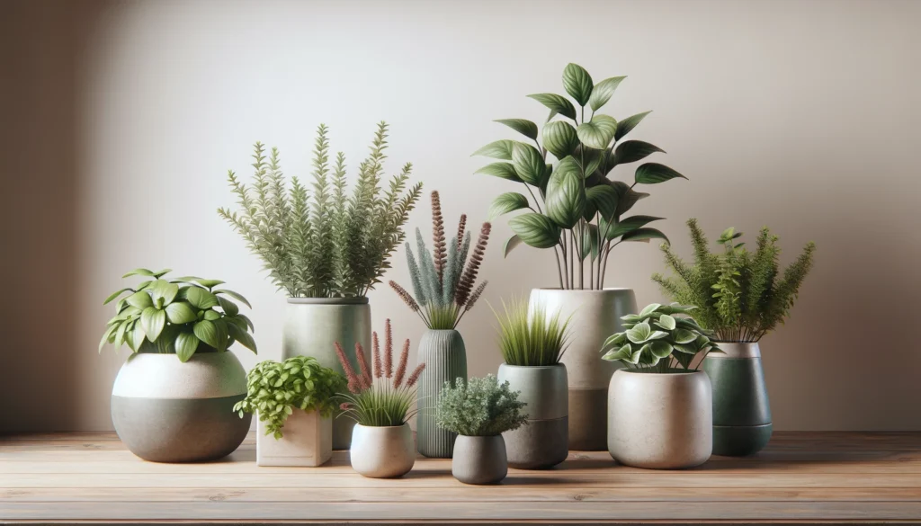 Fausses petites plantes : Petites herbes artificielles en pots en céramique et béton sur une table en bois moderne.