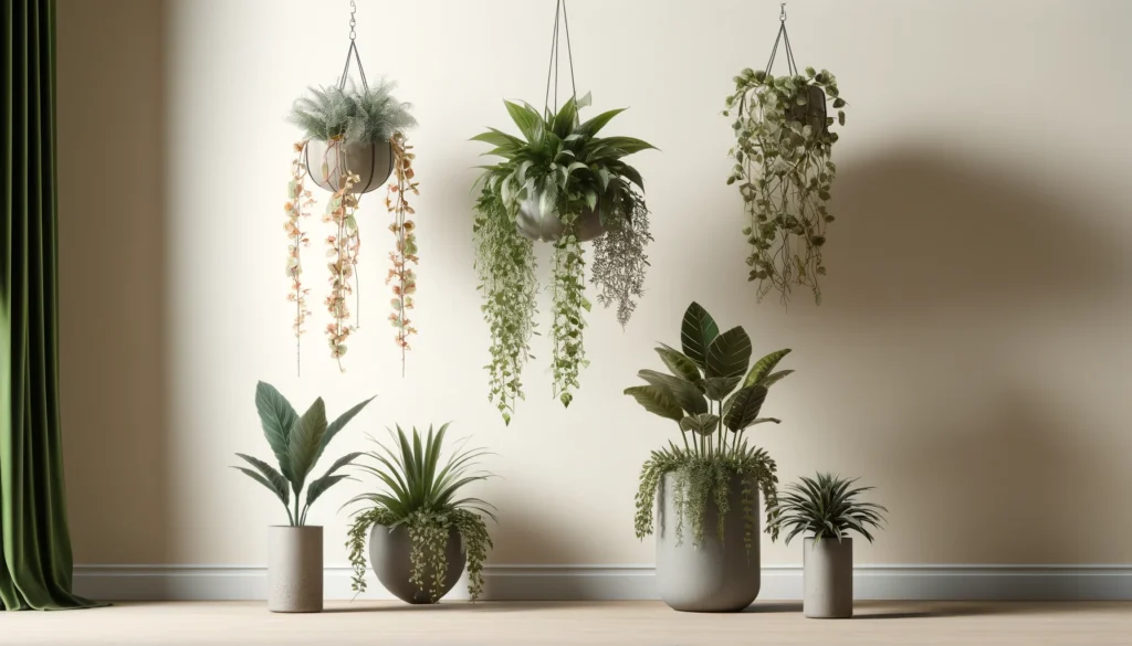 Fausses petites plantes : petites plantes suspendues artificielles en pots en céramique et béton dans un intérieur moderne.