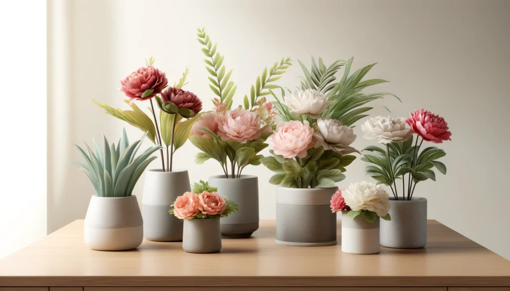 Fausses petites plantes : pivoines miniatures artificielles en pots en céramique et béton sur une table en bois moderne.