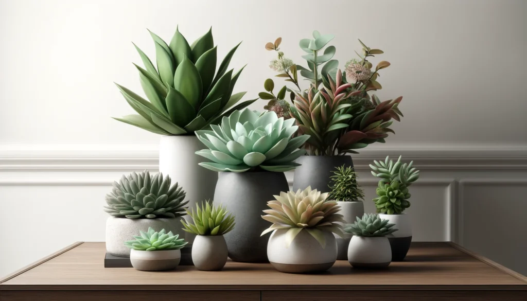 Fausses petites plantes : plantes grasses artificielles en pots en céramique et béton sur une table en bois moderne.
