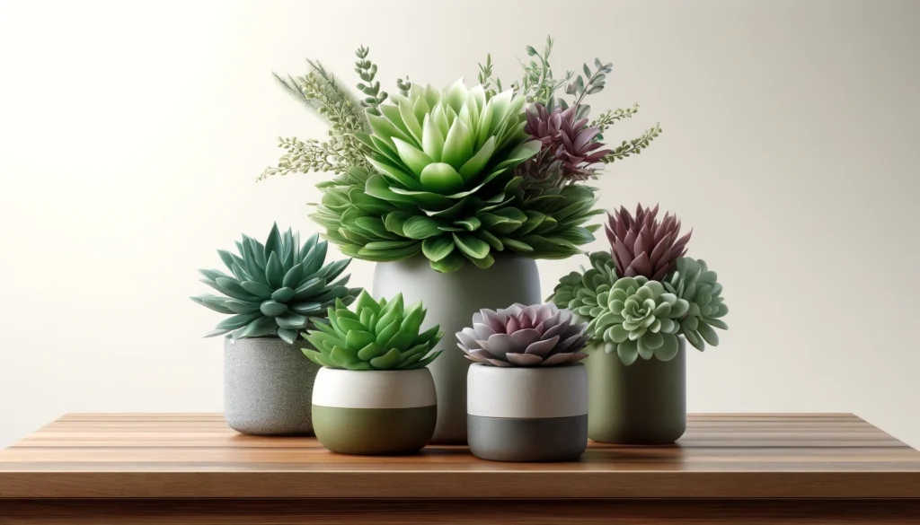 Fausses petites plantes : succulentes artificielles dans des pots en céramique et en béton, disposées sur une table en bois