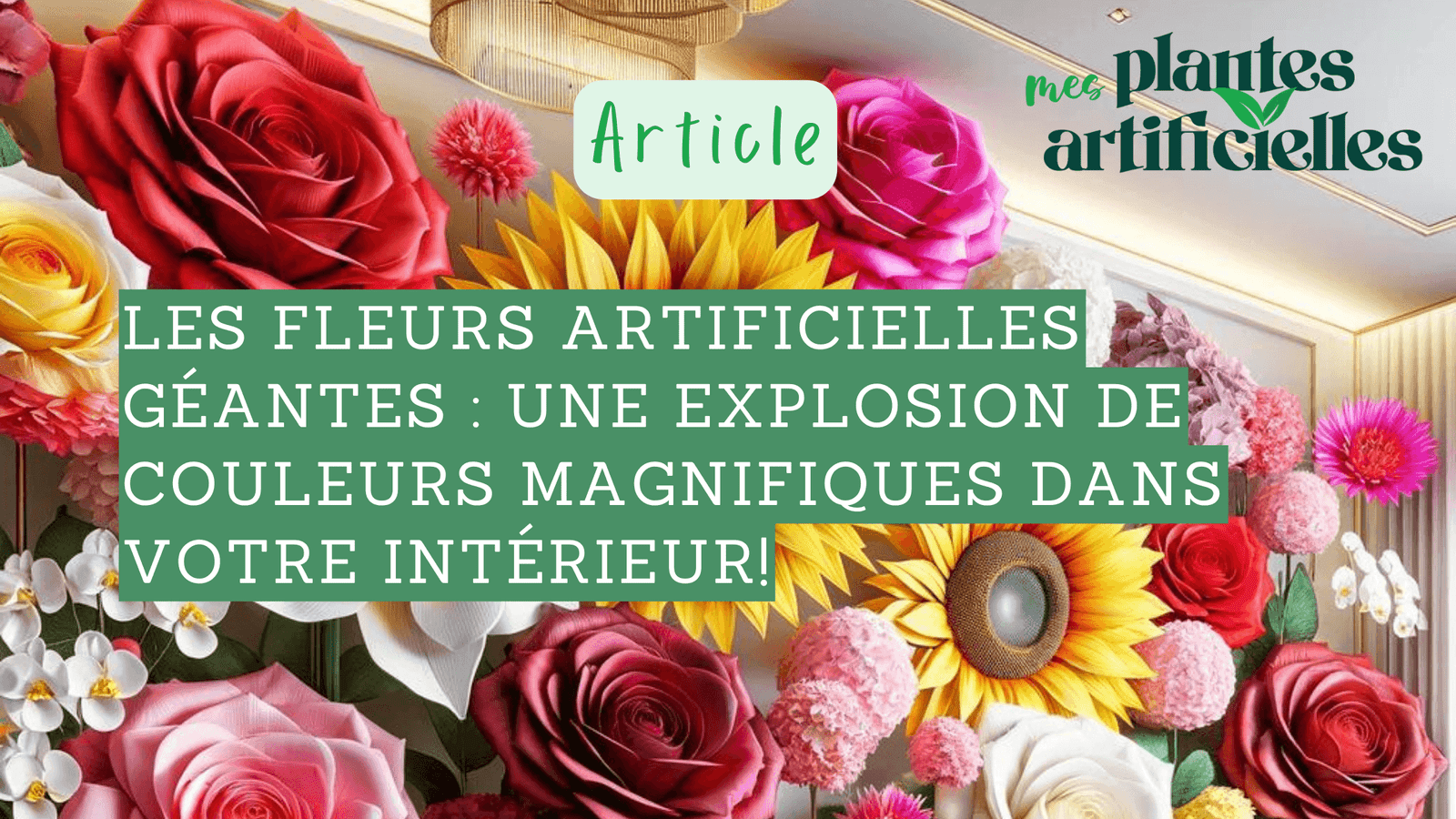 Fleurs artificielles géantes : roses, tournesols, orchidées, lys et pivoines, dans un intérieur coloré et moderne.